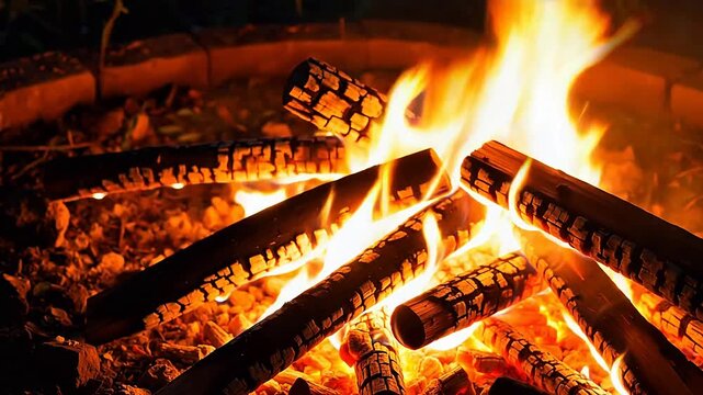 Vibrant flames dancing over burning logs and glowing embers in an outdoor campfire pit, creating warmth and a cozy, inviting atmosphere for relaxation