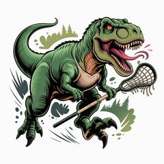 Fototapeta premium Tyrannosaurus rex playing lacrosse with a netted stick detailed vector illustration dinosaur.