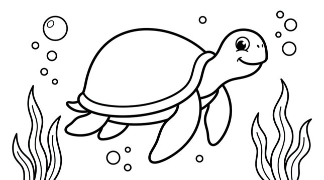 A cute cartoon sea turtle swimming underwear with bubbles and seaweed for a children coloring book page.