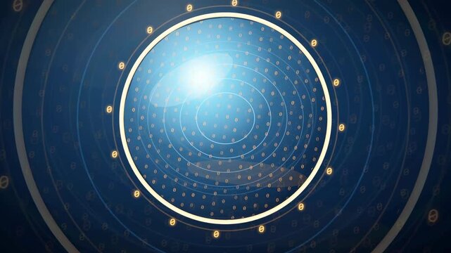 Futuristic Digital HUD Interface with Rotating Glowing Circles and Data Points on Blue Background