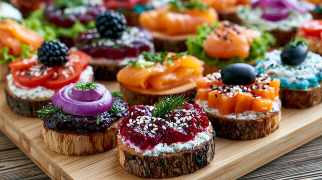 Assorted gourmet canapes and open faced sandwiches on a wooden serving board