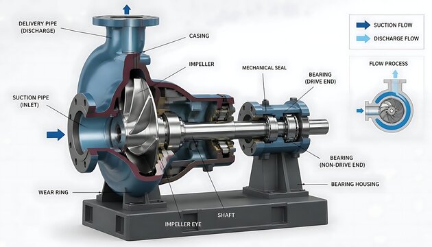 Detailed labeled cutaway diagram of centrifugal pump showing casing, impeller, shaft, bearings, mechanical seal, wear ring, suction inlet, and discharge outlet with inset flow process arrows