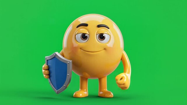 3d emoji character holding blue shield for security protection on green screen