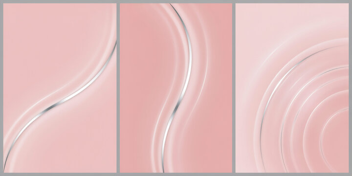 Three vertical panels with soft pink backgrounds featuring smooth metallic silver flowing