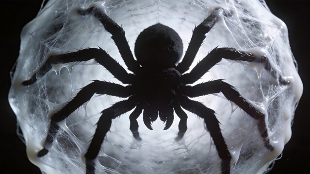 Fearsome black spider poised at the center of an illuminated silk web cocoon