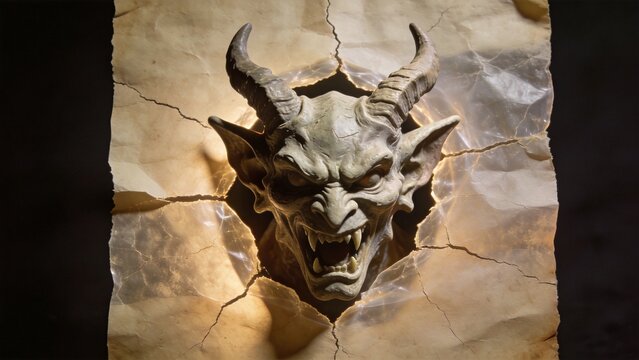 Horned devil mask emerging from a torn hole in vintage parchment paper