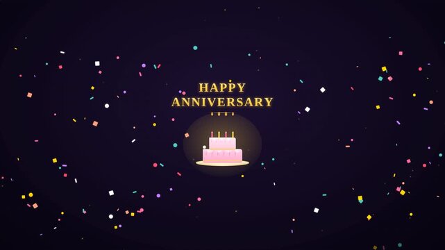 Cake happy anniversary vector video footage with confetti in dark background 