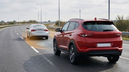 Naklejka premium Blind Spot Monitoring System, Modern Red SUV Driving on Highway with Radar Sensor Graphics and Side Assist Technology Concept