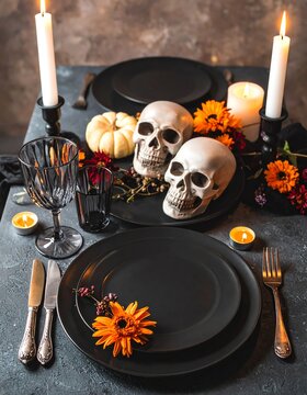 Creepy Halloween Table Setting with Skulls and Candles