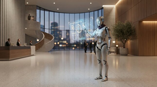 Advanced Humanoid Robot Assistant Interacting with Holographic Digital Screen in Modern Luxury Lobby