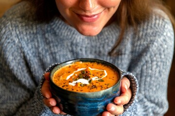 Cozy soup in blue bowl.