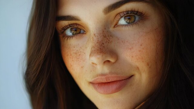 Close-up portrait of a young woman with freckles and expressive eyes