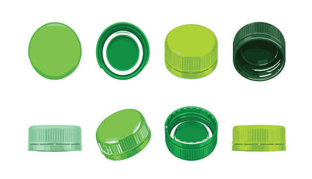 Green plastic bottle caps vector collection from various angles . Realistic screw lids, top views, inside closures, isometric containers sealing elements pack