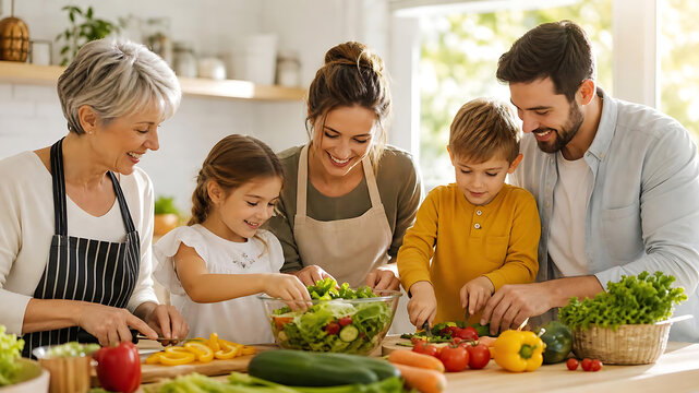 Multi-generational family cooking healthy salad together in a bright modern home kitchen