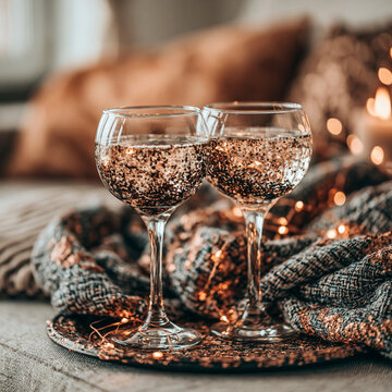 Two crystal wine glasses filled with sparkling golden glitter for celebration
