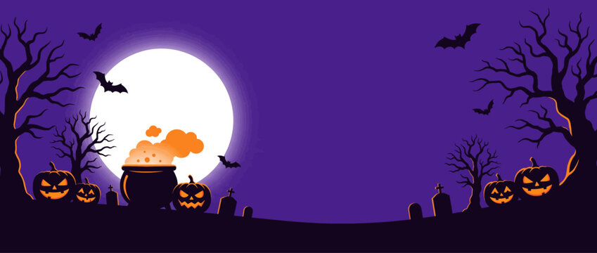 Spooky Halloween Night Banner with Full Moon, Cauldron, Jack O Lanterns and Bats on Purple Background