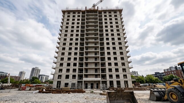 Construction site featuring a high-rise building under development with concrete framework exposed and yellow cranes visible on the roof against a bright cloudy sky with urban surroundings including r