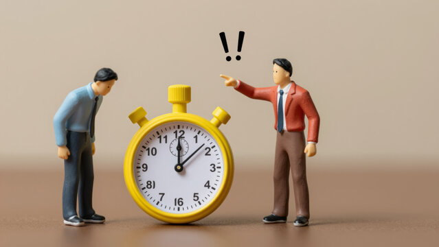The boss reprimands the employee for being late. Missed deadlines and overtime at work. Workplace discipline and time management issues. Corporate pressure and burnout concept.