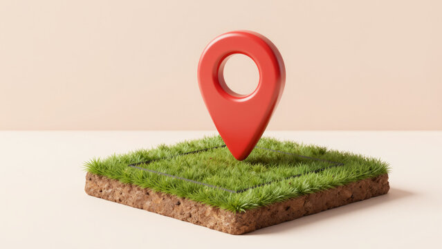A plot of land with a red geolocation marker. Land market and cadastral registers. Buying and selling land. Geographic survey and boundary delineation.