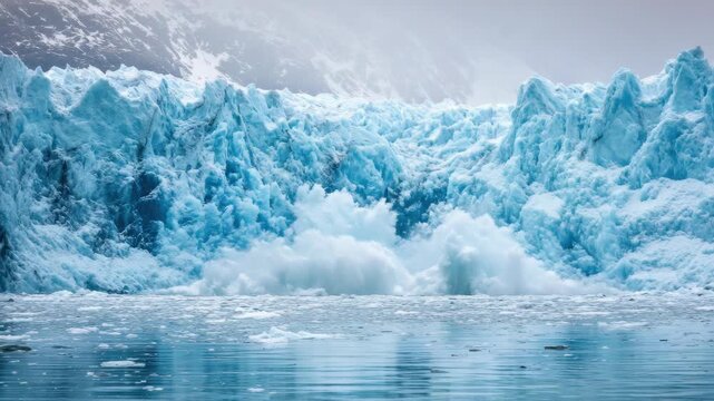 Massive Blue Glacier Ice Wall Calving into the Ocean