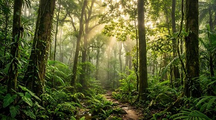 Obraz premium Sunlight streaming through trees in a lush tropical rainforest landscape at dawn.