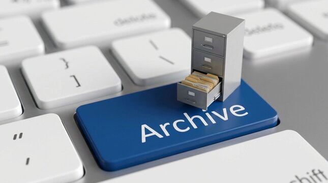 Enhanced Digital Archiving Concept with Filing Cabinet on Keyboard Archive Button