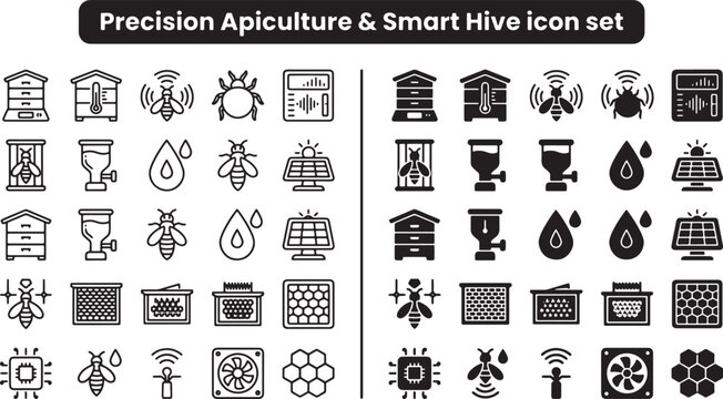 Precision apiculture and smart hive icon set featuring linear and solid vector symbols for beekeeping technology