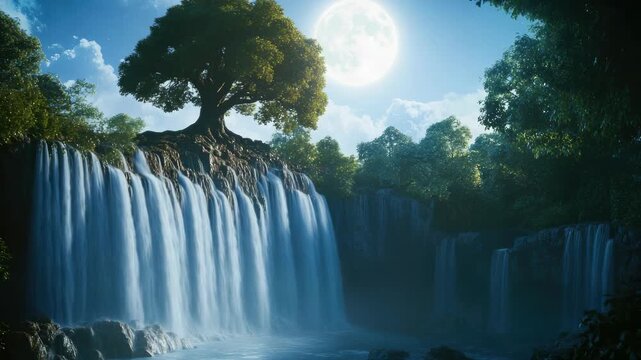 Ethereal Fantasy Landscape of a Waterfall with a Tree and Glowing Moon