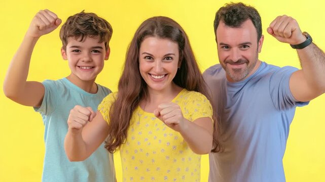 Happy family of three cheering with fists raised against yellow background