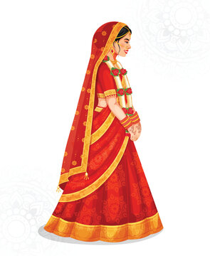 Beautiful Indian bride, side-profile vector in a traditional red Lehenga and Choli with gold jewelry. Indian Wedding fashion and lifestyle
