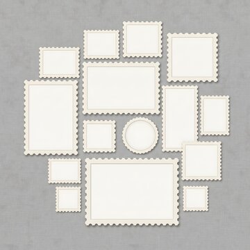 Blank postage stamp frames collection on textured background