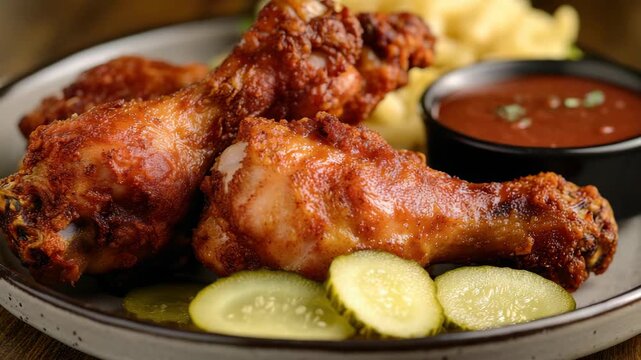 Close-up of Crispy Spicy Buffalo Chicken Wings with Dip and Pickles