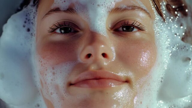 Close-up of a Woman's Face Covered in Bath Foam and Bubbles