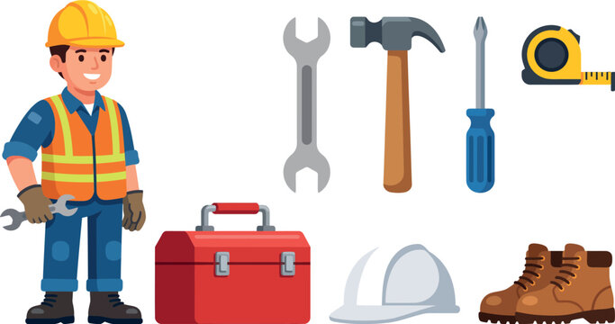 Construction worker with tool box and equipment collection