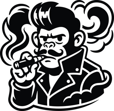 Cool gorilla mascot logo featuring a retro rockabilly ape smoking a vape pen with stylish mustache in black line art.