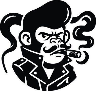 Cool rockabilly monkey wearing a leather biker jacket, mustache and smoking a cigar vector art mascot illustration.