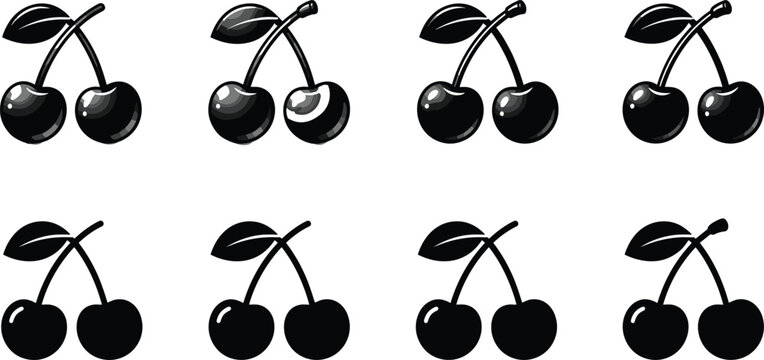 Black cherry fruit icons set with twin berries and leaves silhouette vector graphics isolated on white background (17 words)