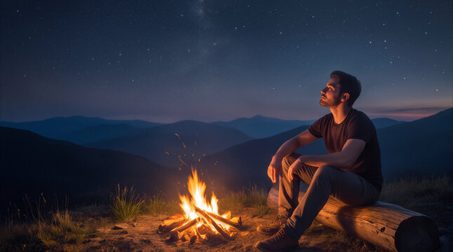 Backpacker sitting by campfire under starry night sky in mountains. Lone traveler resting on log while looking at Milky Way during wilderness camping trip.