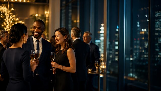 Group of Elegant Business People Socializing and Celebrating at Evening Corporate Cocktail Party in Rooftop Lounge