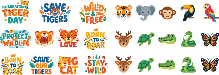 Naklejka premium Cute Wildlife and Tiger Day Vector Icons and Lettering Set