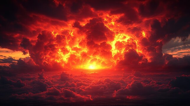 Vibrant hues of orange and red fill the sky while the sun sets amid dramatic clouds