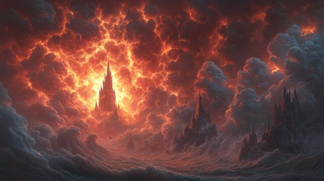 Vibrant colors swirl as dark towers rise through a glowing fiery sky and ominous clouds