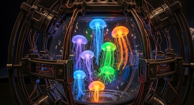 Glowing colorful jellyfish floating inside a futuristic transparent glass mechanical sphere capsule