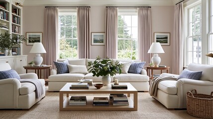 Fototapeta premium Elegant and inviting living room with plush white sofas, accent pillows, and natural light creating a cozy atmosphere