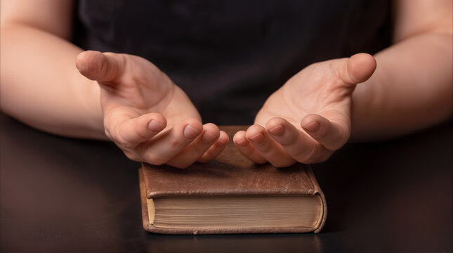 Palms open in prayer above old leather book. Religious devotion and spiritual seeking concept.