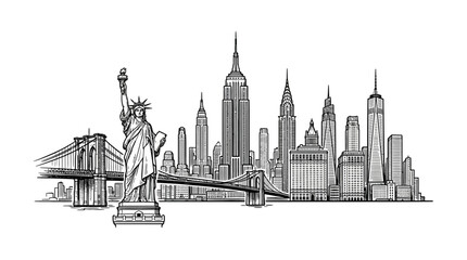 Fototapeta premium Detailed hand drawn sketch of the iconic New York City skyline with Statue of Liberty.