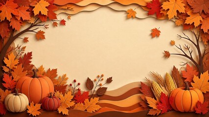 Fototapeta premium Autumn paper cut background banner with pumpkins and orange maple leaves.