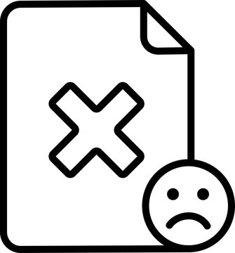 black line error document icon with sad face emoji on white background. broken file format vector graphic with cross mark and frowny face