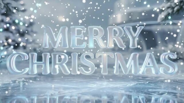 Frozen Ice Carved Merry Christmas 3D Lettering with Falling Snowflakes and Icy Winter Background