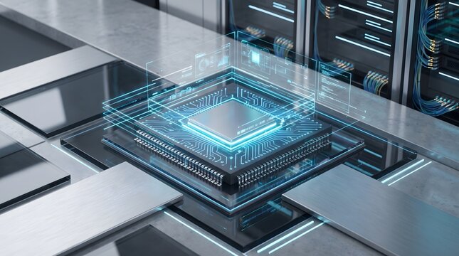 Futuristic computer chip with digital circuitry and glowing elements